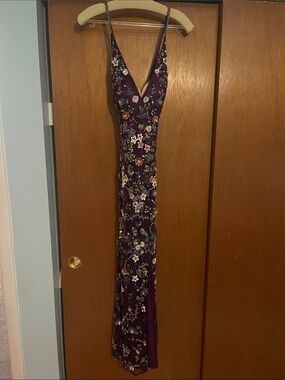 Embellished Deep V Purple Evening Gown